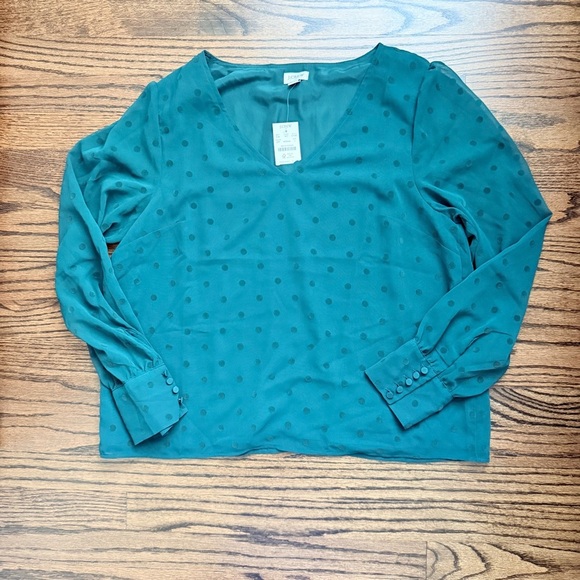 NWT J Crew Factory Women’s Green Dot Blouse with Sheer Sleeves - size large - Picture 2 of 9